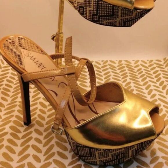 🔆▪️Sam & Libby Margot Metallic Gold Peep Toe Ankle Strap Platform Pump◾️🔆 - Picture 3 of 9